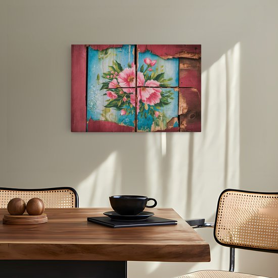 Saammp Canvas Schilderij - Bloemen op hout - Abstract - 60x40 - Foto op canvas - Wanddecoratie - Muurdecoratie Woonkamer - Kantoor Decoratie