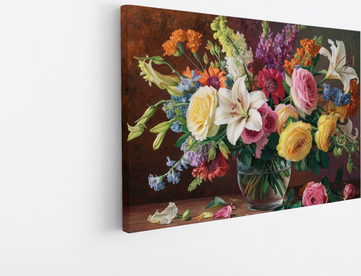 Saammp Canvas Schilderij - Kleurrijk - Bloemen in vaas - Abstract - Natuur - 60x40 - Foto op canvas - Wanddecoratie - Muurdecoratie Woonkamer - Kantoor Decoratie Multicolor