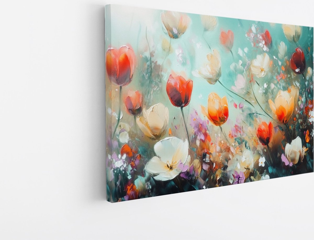 Saammp Canvas Schilderij - Blauw - Bloemenveld Schilderij - Abstract - Natuur - 100x75 - Foto op canvas - Wanddecoratie - Modern Interieur - Woonkamer Decoratie Multicolor