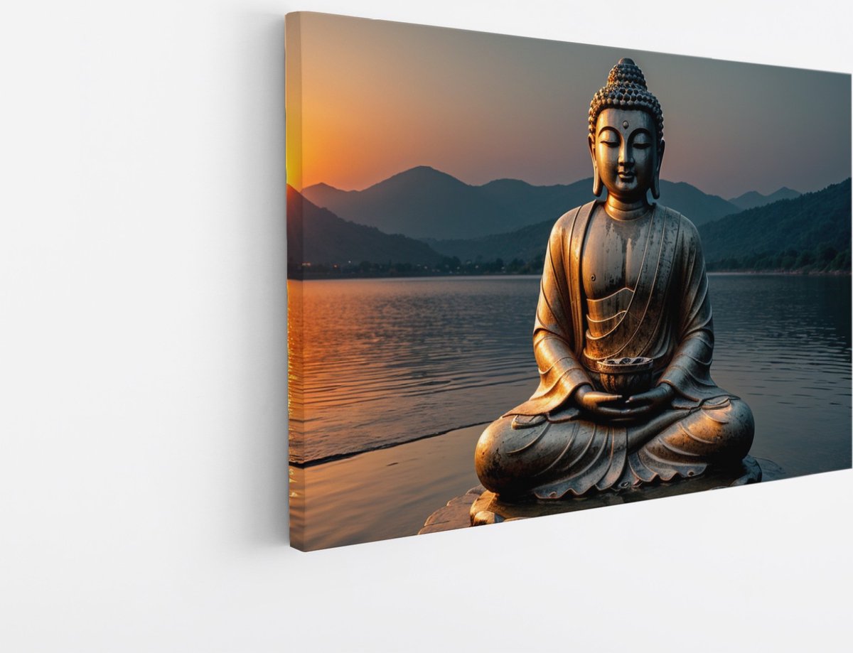 Saammp Canvas Schilderij - Boeddha het water - Landschap - 100x75 - Foto op canvas - Wanddecoratie - Muurdecoratie Woonkamer - Canvas schilderijen Multicolor