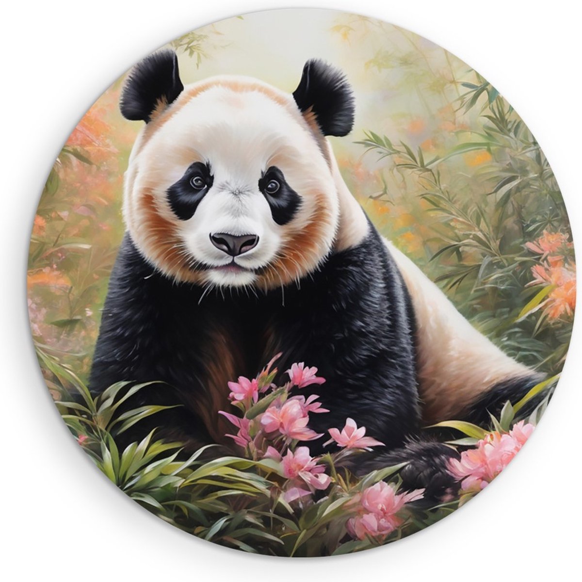 Saammp Muurcirkel Hout - Panda tussen de bloemen - Dieren - Abstract - Ø 80 - Wandcirkel - Wanddecoratie Cirkel - Muurdecoratie Woonkamer - Slaapkamer decoratie - Rond Schilderij