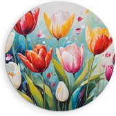Saammp Muurcirkel Hout - Gekleurde Tulpen - Bloemen - Abstract - Ø 80 - Wandcirkel - Wanddecoratie Cirkel - Muurdecoratie Woonkamer - Kantoor Decoratie