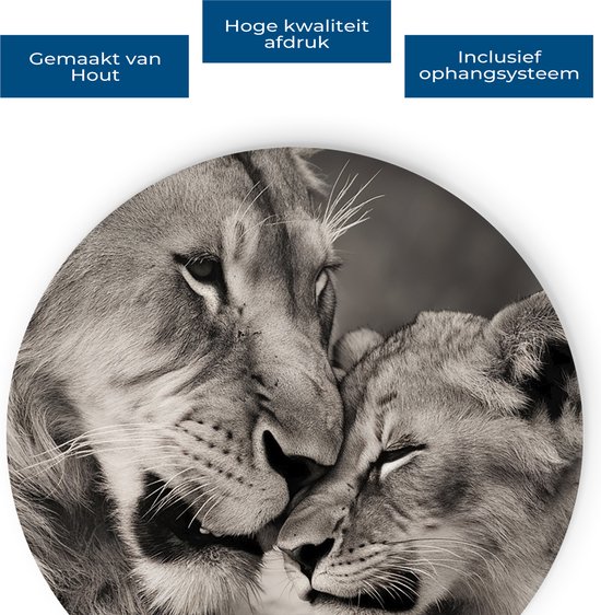 Saammp Muurcirkel Hout - Leeuw met welp - Liefde - Landschap - Dieren - Natuur - Ø 90 - Wandcirkel - Wanddecoratie Cirkel - Muurdecoratie Woonkamer - Slaapkamer decoratie - Rond Schilderij