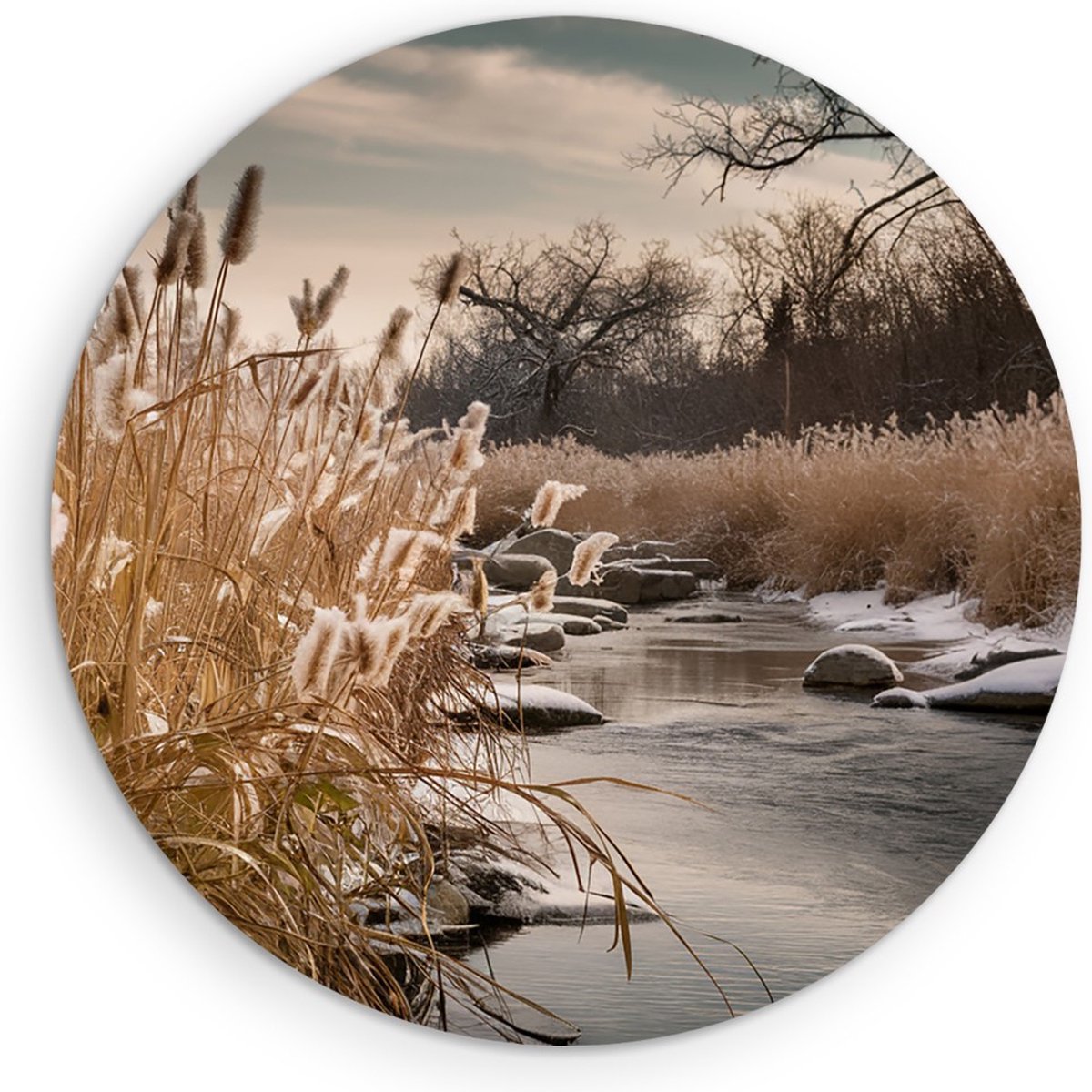 Saammp Muurcirkel Hout - Bevroren Gras - Bloemen - Landschap - Natuur - Ø 90 - Wandcirkel - Wanddecoratie Cirkel - Muurdecoratie Woonkamer - Slaapkamer decoratie - Rond Schilderij
