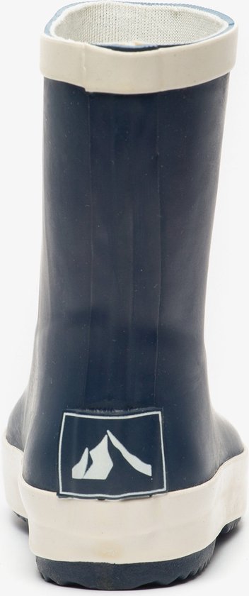 Vue arrière d'une botte de pluie bleu foncé avec arrière beige et logo de montagne.