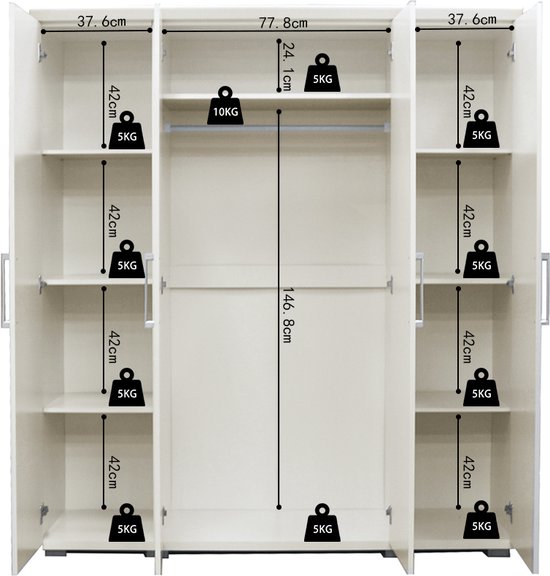 Armoire Interiax «Mila» – 4 Portes, 1 cintre et 6 Étagères | Blanc | 183x160x52cm