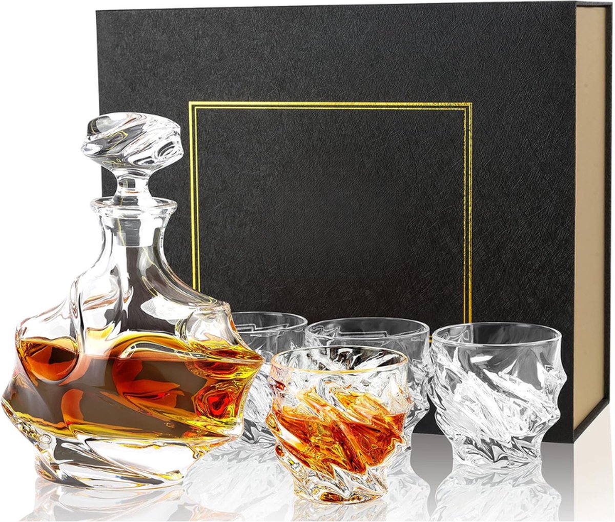 Whisky Glazen en Karaf Set 750 ml Kristallen Whisky Decanter Met 4x260 ml Whiskyglas Voor Cognac Whisky Wodka Martini Scotch Cocktails Mooie Geschenkdoos Set Van 5 Stuks