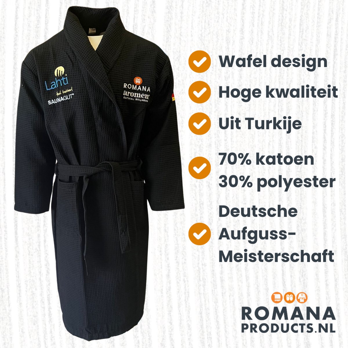 Deutsche Aufguss-Meisterschaft Wafel - Badjas Ongevoerd - Zwart L/XL - Badjas Unisex - Kamerjas - Ochtendjas - Voor Volwassenen - Man - Vrouw - Wellness