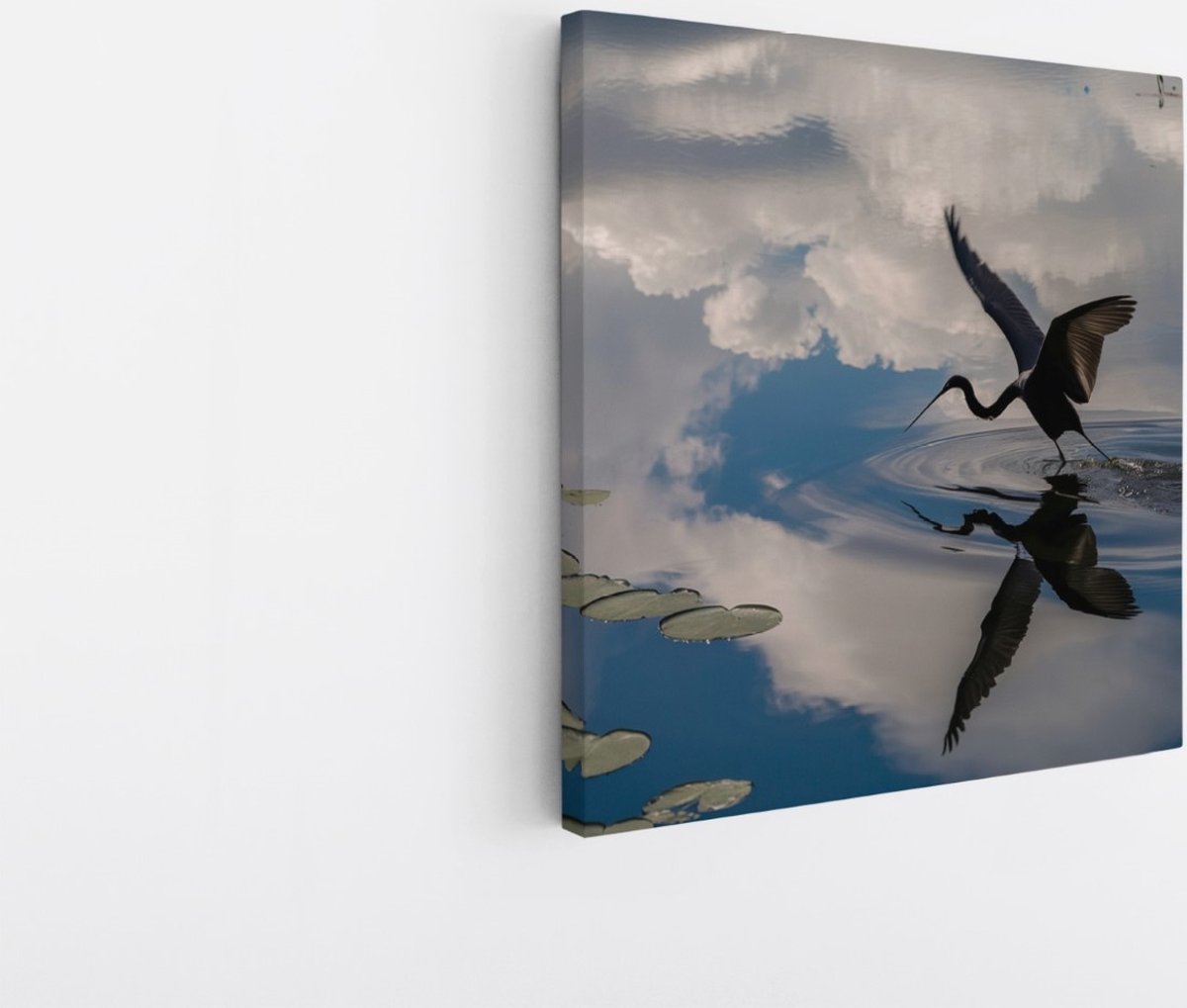 Saammp Canvas Schilderij - Reiger - Dieren - Bloemen - 100x100 - Foto op canvas - Wanddecoratie - muurdecoratie Woonkamer - Slaapkamer decoratie - Canvas Print Multicolor