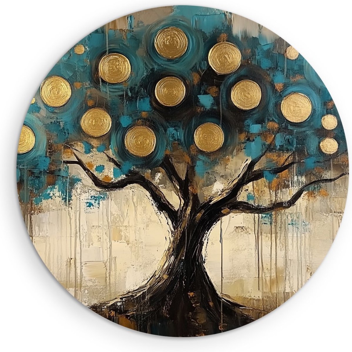 Saammp Forex Muurcirkel - Boom met goude cirkels- Abstract kunstwerk - Ø 30 - Wandcirkel - Wanddecoratie Cirkel - Muurdecoratie Woonkamer - Slaapkamer decoratie - Rond Schilderij