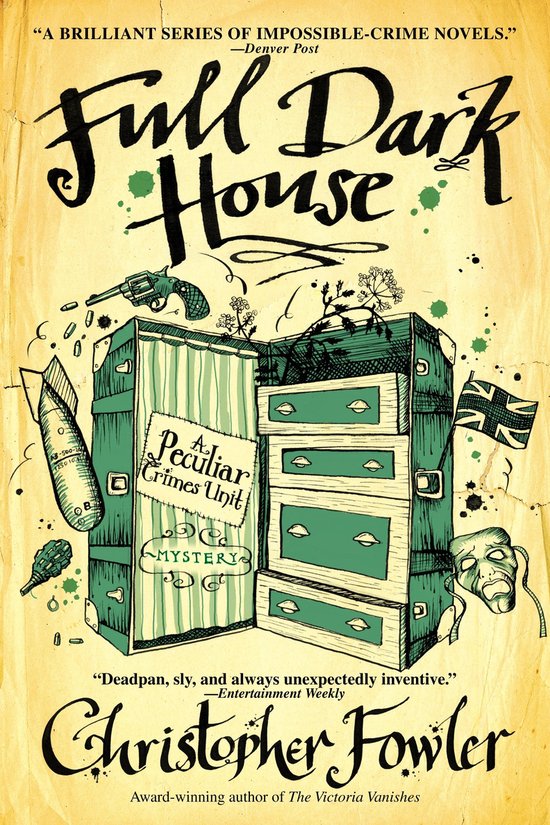 Boekcover 'Full Dark House' met een open kist, pistool, bom, masker, Britse vlag en groene accenten.