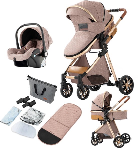 KIDIZ Premium kinderwagen, inklapbare kinderwagen, 360° inklapbare wielen, 5 -punts riem, incl. bekerhouder en regenbescherming, verstelbare rugleuning en zonnedak, zwart