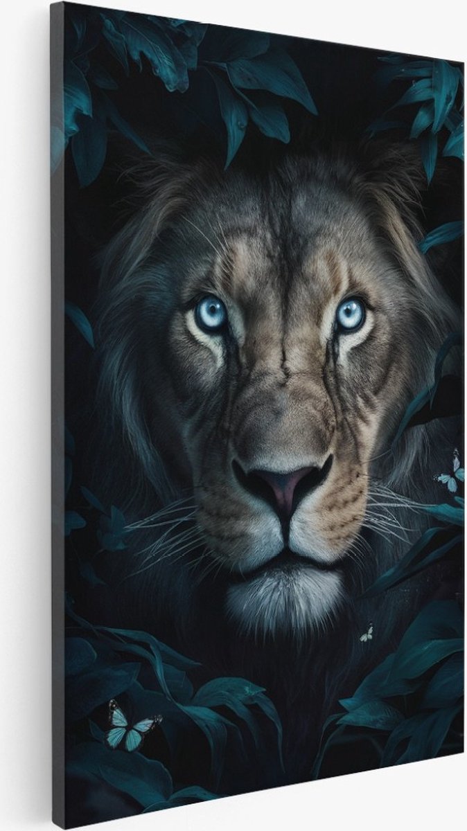 Saammp Canvas Schilderij - Leeuw tussen de planten en vlinders - Abstract - Dieren - 20x30 - Foto op canvas - Wanddecoratie - Muurdecoratie Woonkamer - Slaapkamer decoratie - Canvas Print Multicolor