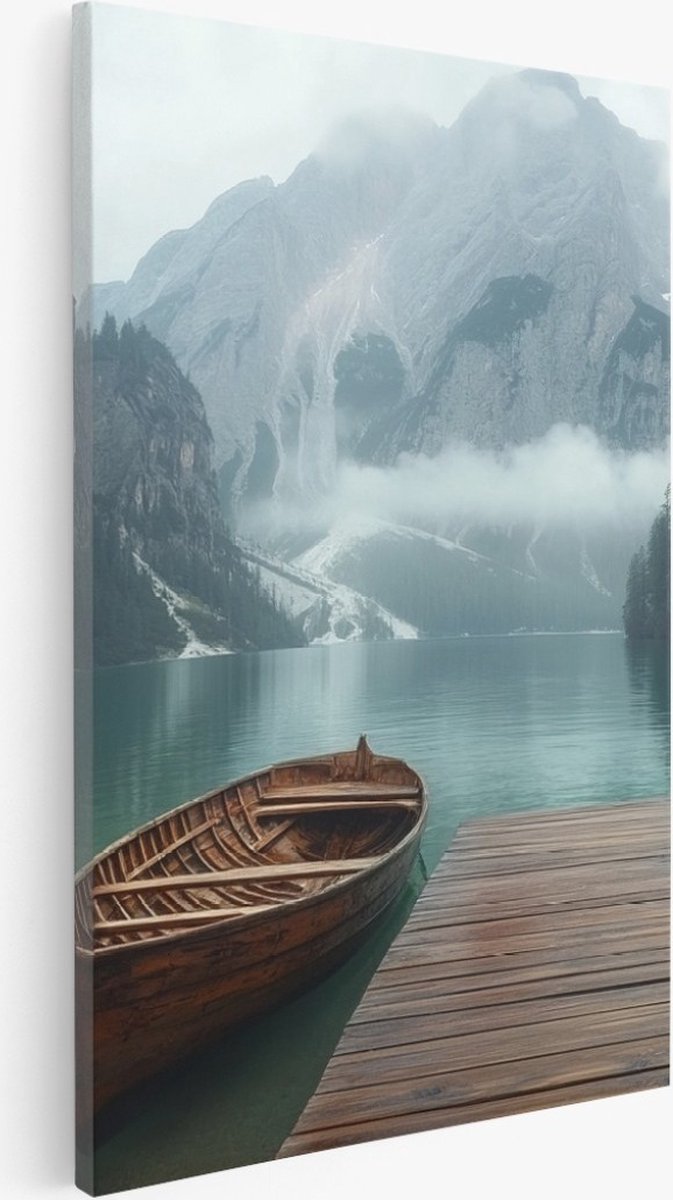 Saammp Canvas Schilderij - Boot aan steiger - Dolomieten - Landschap - Natuur - 20x30 - Foto op canvas - Wanddecoratie - Muurdecoratie Woonkamer - Slaapkamer decoratie - Canvas Print Multicolor