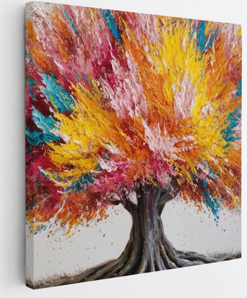 Saammp Canvas Schilderij - Kleurrijke boom - Abstract - 30x30 - Foto op canvas - Wanddecoratie - Muurdecoratie Woonkamer - Slaapkamer decoratie - Canvas Print Multicolor