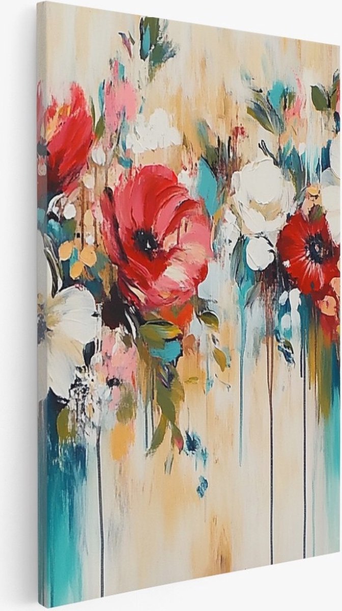Saammp Canvas Schilderij - Bloemen met lekkend verf- Abstract kunstwerk - 60x90 - Foto op canvas - Wanddecoratie - Muurdecoratie Woonkamer - Slaapkamer decoratie - Canvas Print Multicolor