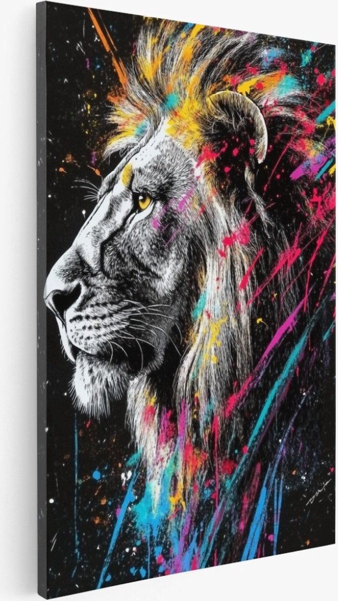 Saammp Canvas Schilderij - Abstract - Leeuw - Verfspetters - Dieren - Natuur - 60x90 - Foto op canvas - Wanddecoratie - Muurdecoratie Woonkamer - Slaapkamer decoratie - Canvas Print Multicolor