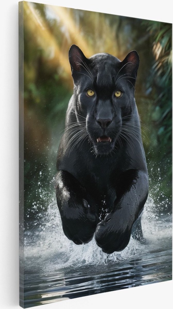 Saammp Canvas Schilderij - Zwarte Panter in het water - Natuur - Dieren - 60x90 - Foto op canvas - Wanddecoratie - Muurdecoratie Woonkamer - Slaapkamer decoratie - Canvas Print Multicolor