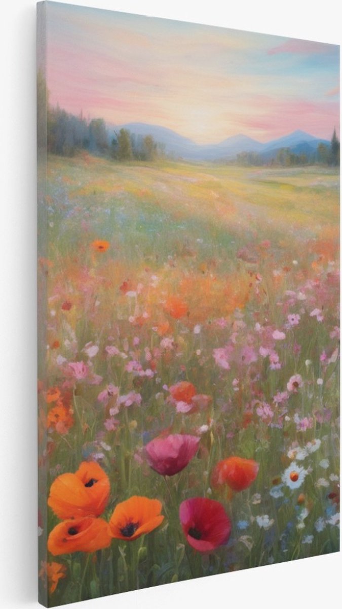 Saammp Canvas Schilderij - Bloemenveld - Natuur - Landschap - 80x120 - Foto op canvas - Wanddecoratie - Muurdecoratie Woonkamer - Slaapkamer decoratie - Canvas Print Multicolor