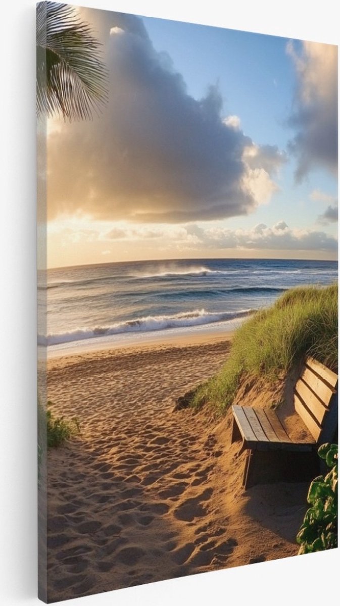 Saammp Canvas Schilderij - Strand Bankje - Zee - Duinen - 100x150 - Foto op canvas - Wanddecoratie - muurdecoratie Woonkamer - Slaapkamer decoratie - Canvas Print Multicolor