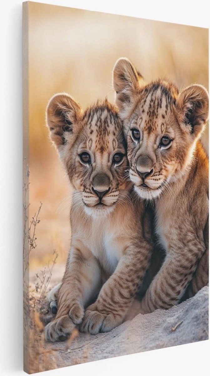 Saammp Canvas Schilderij - 2 Leeuwen welpen - Dieren - Natuur - 40x50 - Foto op canvas - Wanddecoratie - Muurdecoratie Woonkamer - Slaapkamer decoratie - Canvas Print Multicolor