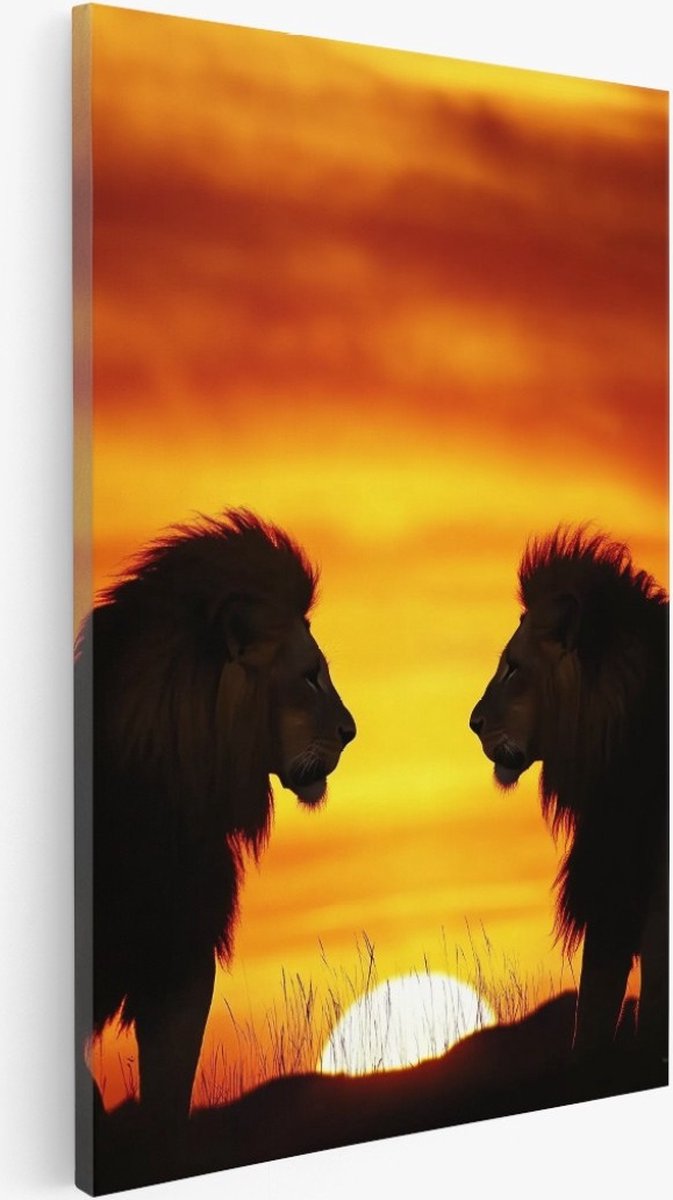 Saammp Canvas Schilderij - Leeuwen in afrikaanse zonsondergang - Dieren - Natuur - 80x120 - Foto op canvas - Wanddecoratie - Muurdecoratie Woonkamer - Slaapkamer decoratie - Canvas Print Multicolor
