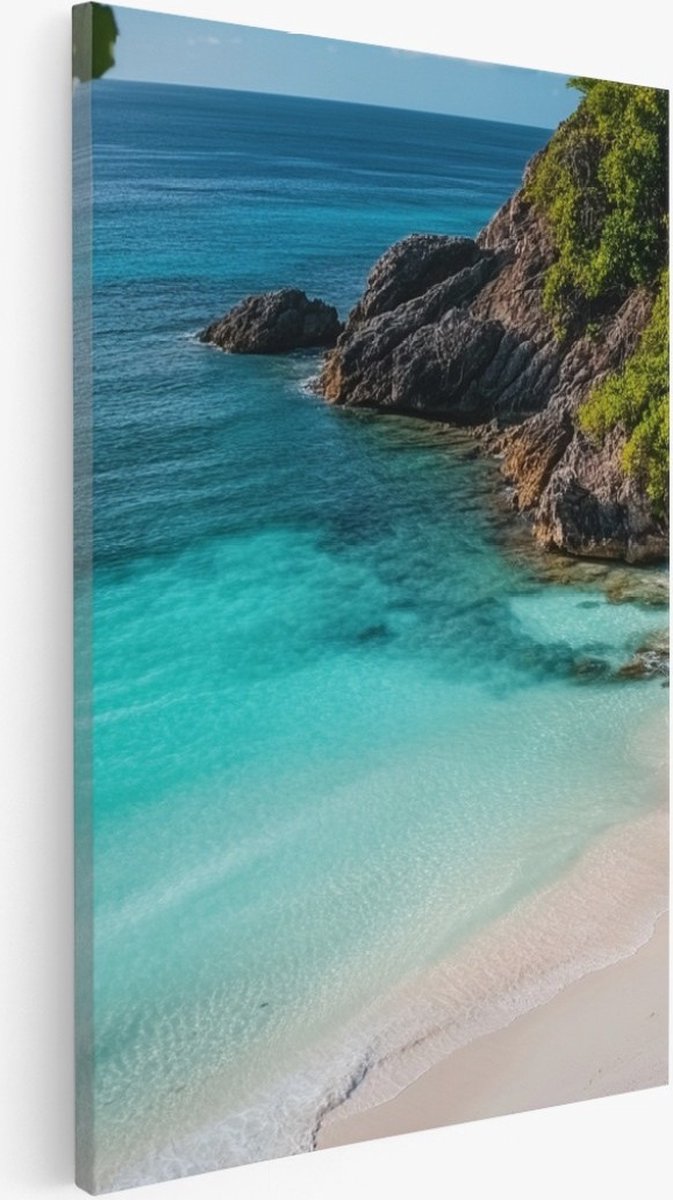 Saammp Canvas Schilderij - Strand tussen de Rotsen - Zee - 75x100 - Foto op canvas - Wanddecoratie - muurdecoratie Woonkamer - Slaapkamer decoratie - Canvas Print Multicolor