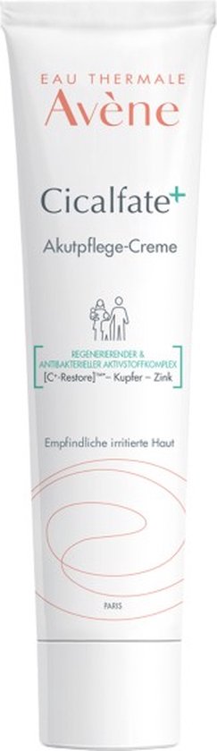 Witte tube met rode tekst "Avène Cicalfate+". "Akutpflege-Creme". "Empfindliche irritierte Haut".