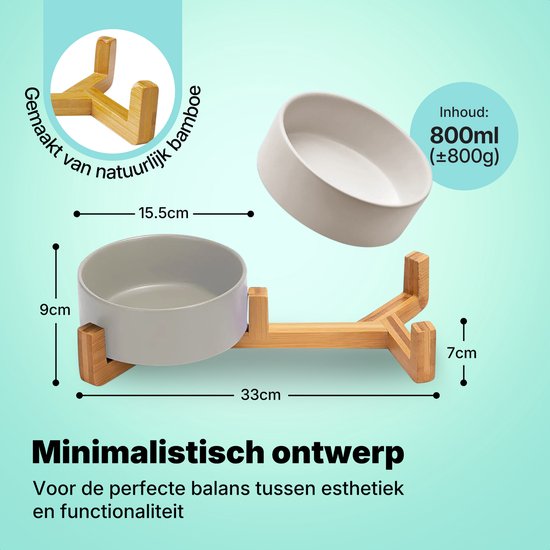 Afmetingen van grijze keramische dubbele voerbak op bamboe standaard: 33cm breed, 9cm hoog.