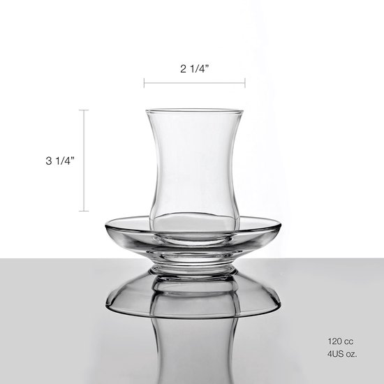 Turkse theeglazen & schoteltjes set - Pasabahce Design - set van 6, 120 cc. 4 ounce. Vaatwasserbestendig Turks theeglas
