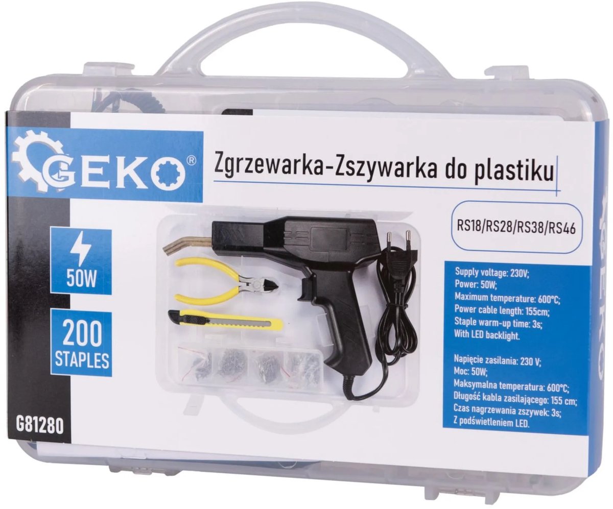 GEKO Plastic laspistool set - 50W - veelzijdig - inclusief 200 nietjes - LED verlichting