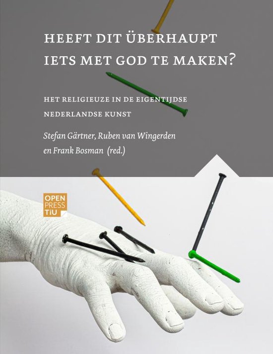 Boek 'Heeft dit überhaupt iets met god te maken?' met de tekst, een kunsthand en gekleurde punaises.