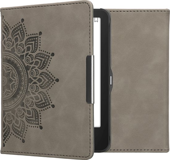 Étui pour liseuse kwmobile compatible avec Tolino Vision 1 / 2 / 3 / 4 HD - Étui à rabat pour liseuse avec support - Étui pour liseuse en similicuir - Motif soleil levant en gris