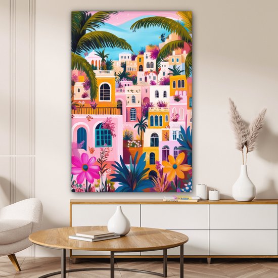 Tableau sur toile 80x120 cm - Décoration murale Colorée - Rose - Oranje - Jaune - Fleurs - Décoration murale salon - Décoration chambre - Accessoires chambre - Peintures sur toile