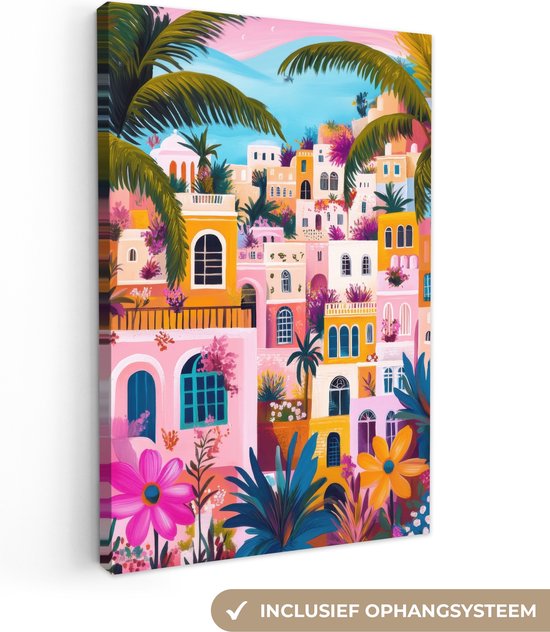 Tableau sur toile 80x120 cm - Décoration murale Colorée - Rose - Oranje - Jaune - Fleurs - Décoration murale salon - Décoration chambre - Accessoires chambre - Peintures sur toile