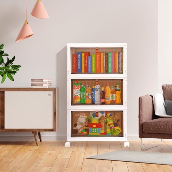 GOPLUS Opbergdoos met 3 niveaus met deksel en wieltjes, opvouwbare stapelboxen met 5 deuren, klapbox, schoenendozen, opbergdozen voor kantoor, keuken en woonkamer (51,5 x 36,5 x 88 cm