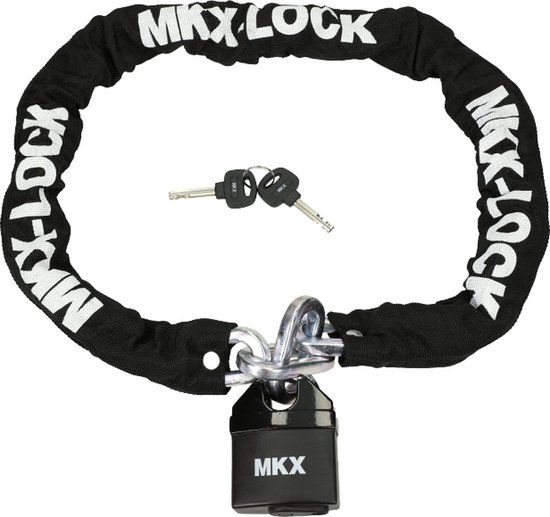 Zwart MKX kettingslot met 120cm lengte, 10mm dikke schakels en U-lock. Tekst 'MKX-LOCK' op ketting.