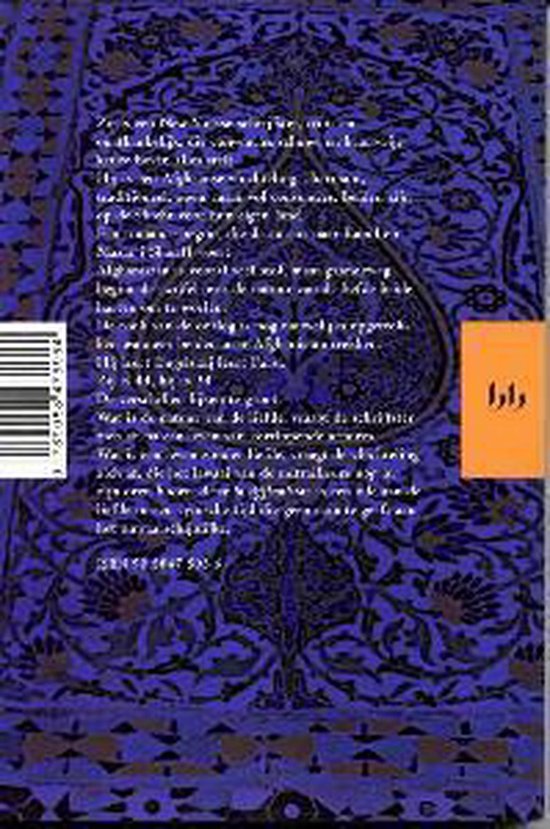 Boek met blauwe en gouden Perzische patronen. Oranje label met tekst.