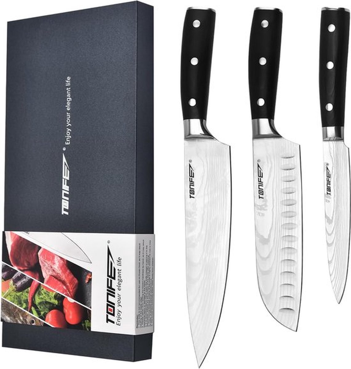 TONIFE Keukenmessenset, koksmessenset, hoge koolstof, roestvrij staal, chef-koksmes + Santoku mes + klein moedig mes