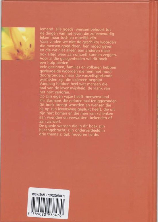 Oranje kaft met tekst 'Iemand 'alle goeds' wensen behoort tot de dingen...', en een ISBN-nummer.
