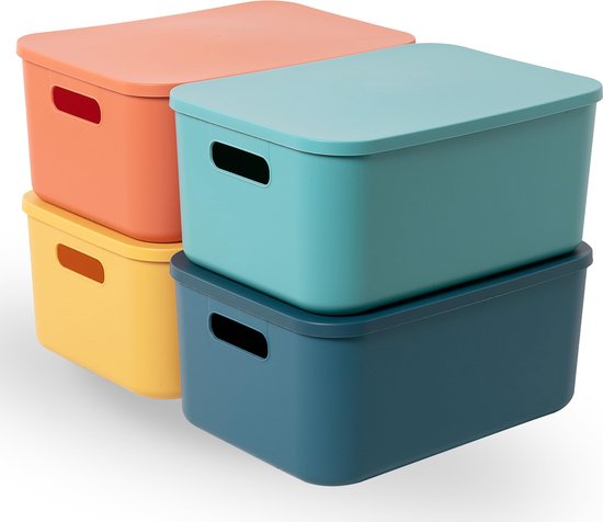 johgee 6 stuks opbergdozen met deksel, kunststof opbergdozen, opbergmand met handgrepen, opbergdozen, organizer box voor keuken, slaapkamer, kast, badkamer, grijs
