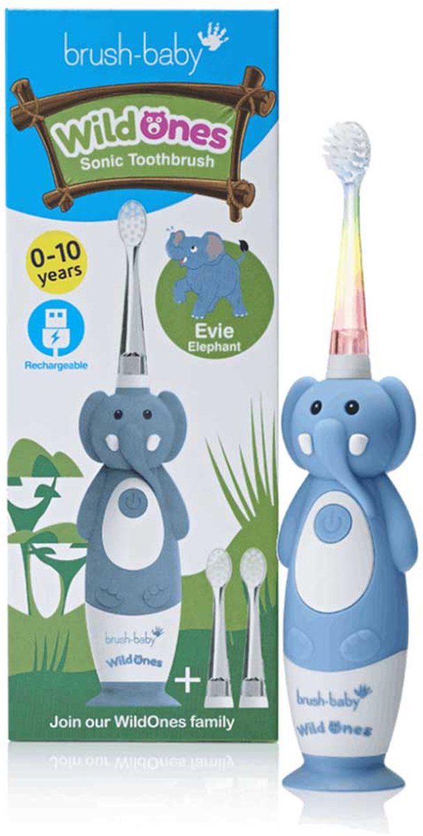 Brush-Baby® | Electrische Oplaadbare Kindertandenborstel | WildOnes | Evie de Olifant | 0 - 10 jaar | 3 opzetborstels | 2 poetsstanden | Timer & Pulse | Disco licht | Zuignapvoet |