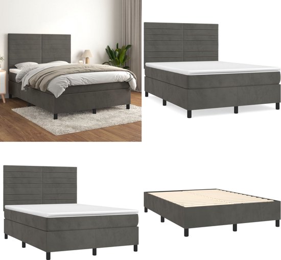 vidaXL Boxspring avec matelas Velours Gris foncé 140x200 cm - Boxspring - Sommiers - Lit - Meubles de couchage