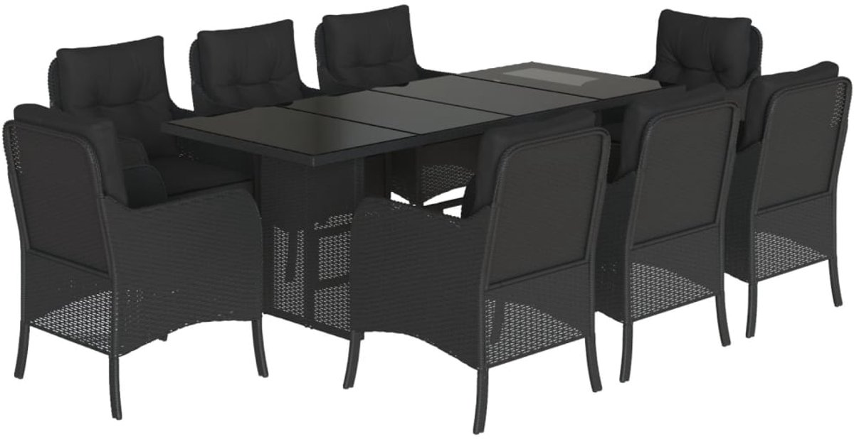 The Living Store 9-delige Tuinset poly rattan zwart - Tuinmeubles - Tuinset - Eetkamerset - Buitendecoratie - Poly Ratan