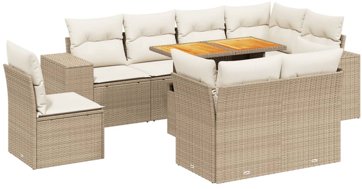 The Living Store 9-delige Loungeset met kussens poly rattan beige - Loungeset - Tuinset - Lounge Set - Buitendecoratie - Tuinmeubels
