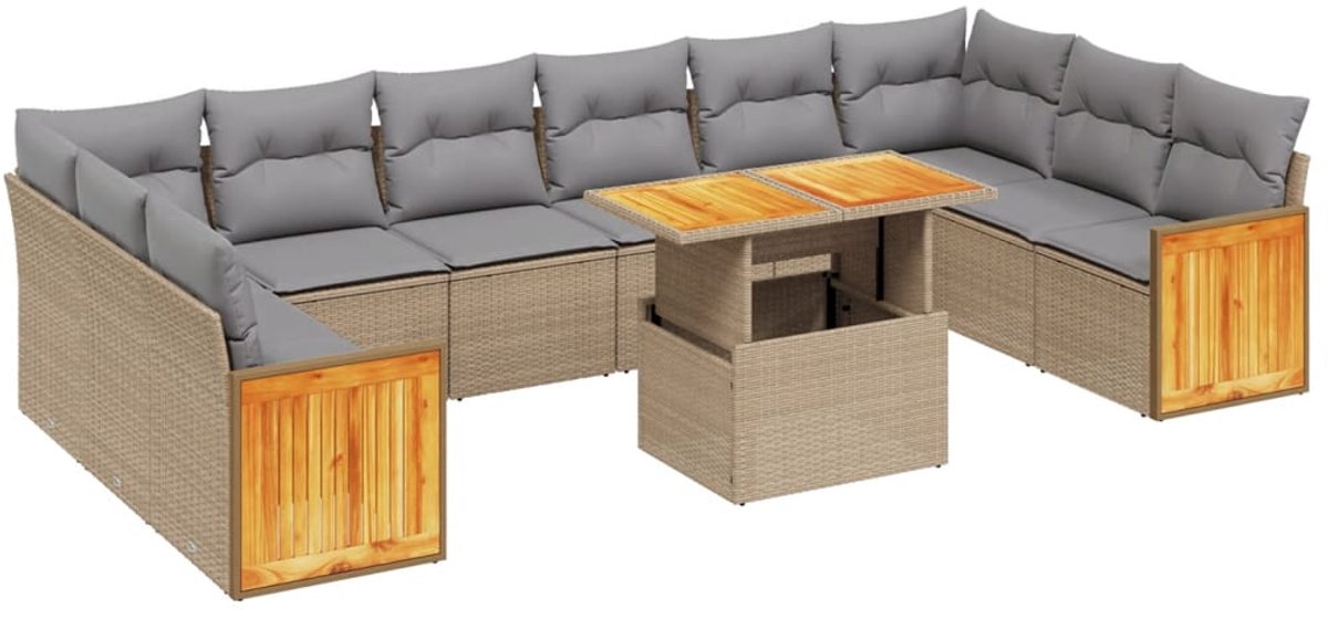 The Living Store 11-delige Tuinset met kussens poly rattan beige - Loungeset - Tuinmeubels - Lounge Set - Buitendecoratie - Pe Rattan