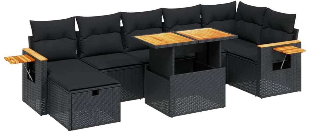 The Living Store 8-delige Loungeset met kussens poly rattan zwart - Loungeset - Set Lounge - Tuinlounge - Buis Meubel - Outdoor Furniture