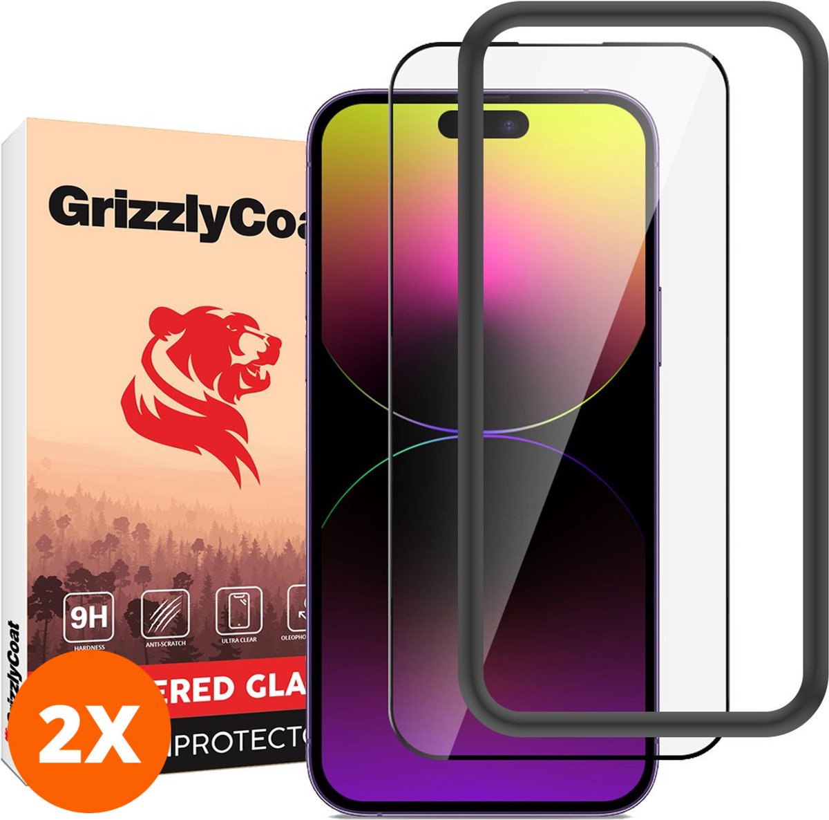 GrizzlyCoat Screenprotector geschikt voor Apple iPhone 14 Pro Max Glazen | GrizzlyCoat Easy Fit Screenprotector - Case Friendly + Installatie Frame (2-Pack)