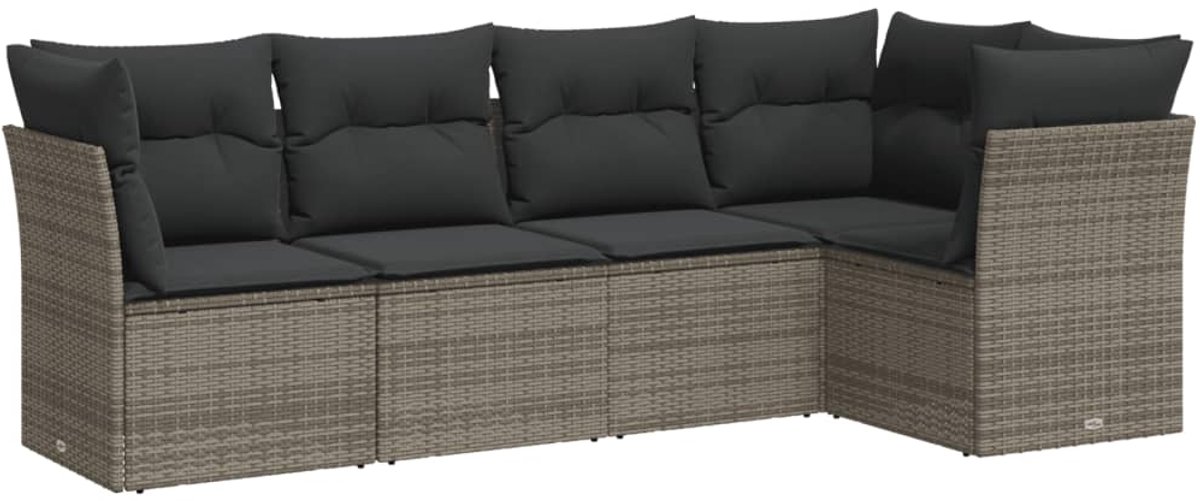 The Living Store 5-delige Loungeset met kussens poly rattan grijs - Loungeset - Lounge Set - Tuinlounge - Buitendining - Loungebank