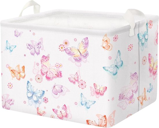 Foto: Grote mooie vlinder paarse plank mand met handvat inklapbare rechthoek roze bloemen speelgoed kleding kubus opbergmand voor kinderkamer en kinderkamer 36l